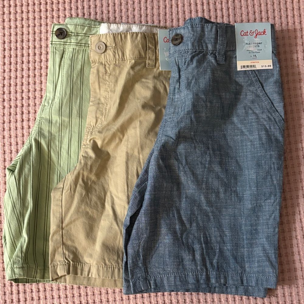 NWT 3 Pairs Cat & Jack Boys' Shorts Trio - Striped Green, Khaki, Denim Blue